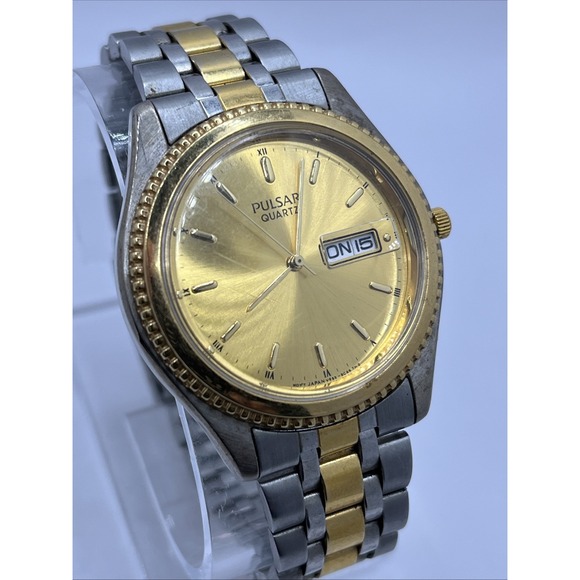 Vintage Pulsar Men's Quartz Watch Two Tone 7.5" Band V533-8C60 New Battery - Picture 1 of 8